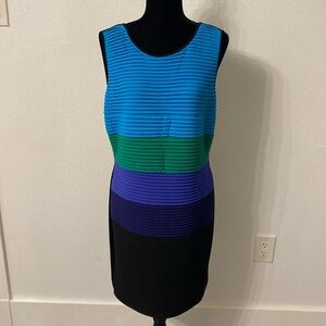 Calvin Klein Turquoise Green Blue Purple Black Tiered Fabric Sheath Dress 14